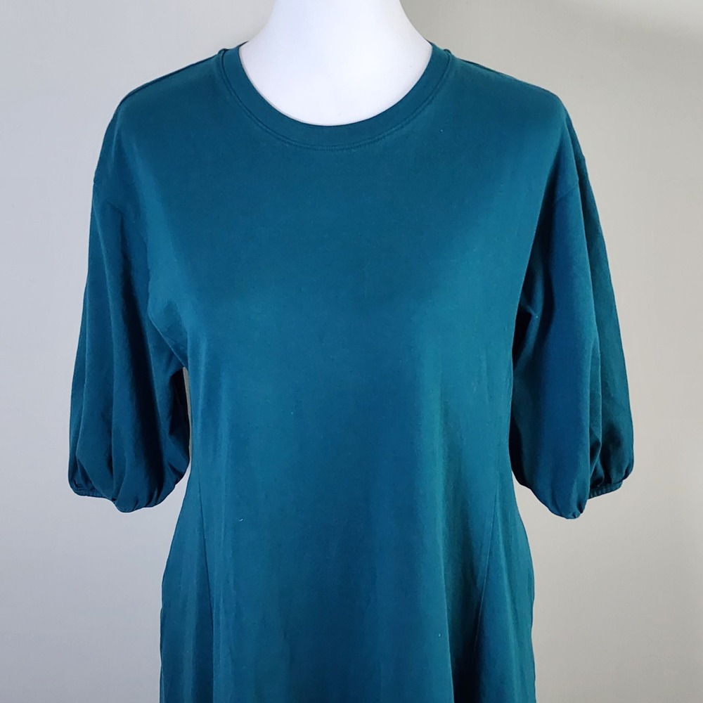 Uniqlo Puff Sleeve Midi Dress Womens Large Teal Cotton Knit Pockets Minimalist - Picture 3 of 13